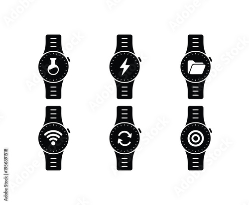 A collection of six black smart watch icons featuring various digital interface symbols for apps isolated on white background, Vector, illustration