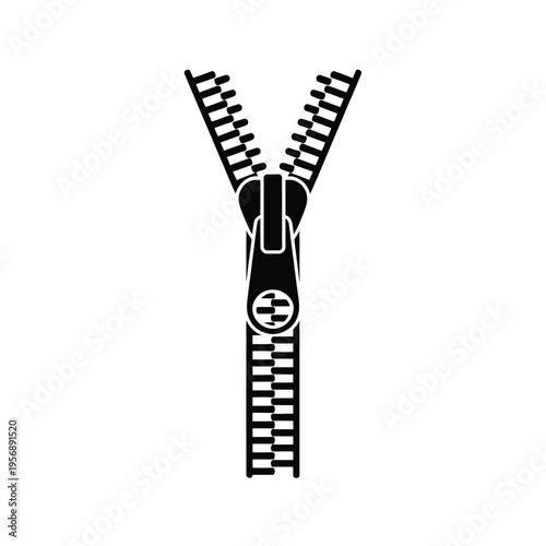 A black silhouette illustration of a garment zipper with an open top and a closed bottom section isolated on white background, Vector, illustration