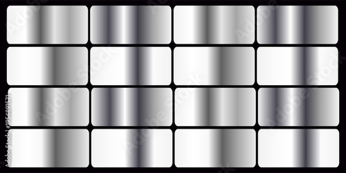 Aluminum foil. silver metal texture gradient background set. Vector shiny metallic gradients for border, frame, ribbon, label design.