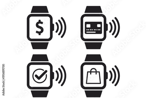 Set of four black icons featuring smartwatches performing various digital contactless payment tasks isolated on white background, Vector, illustration