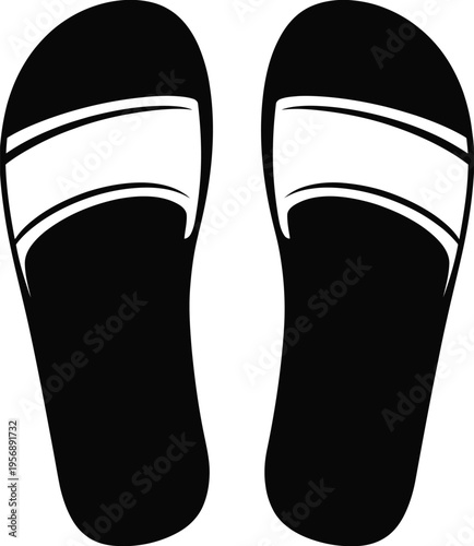A pair of comfortable black slide sandals with a minimalist design for casual summer footwear wear isolated on white background, Vector, illustration