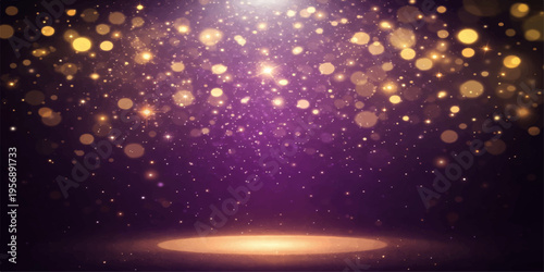 Abstract a captivating display of shimmering golden particles cascades gracefully against a rich, radiant purple backdrop. The image is bathed in a warm, inviting glow.