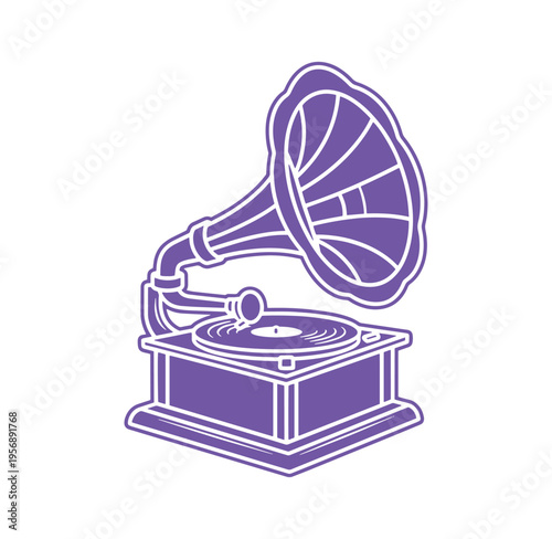 Purple gramophone icon with horn and turntable on white background  music nostalgia