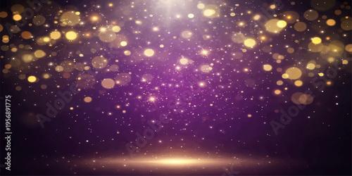 Abstract radiant golden bokeh sparkles dance gracefully against a deep purple backdrop. capturing a magical and enchanting atmosphere.