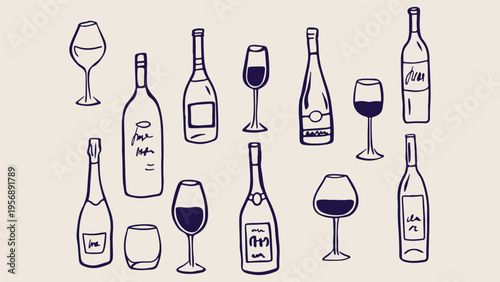 Luxury wine collection, elegant bottle sketches, wine tasting icons, restaurant wine list, celebration drink doodles, vineyard lifestyle illustration, professional wine icons.
