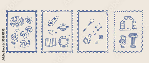 Space magic stamps, celestial universe icons, rocket astronomy doodles, outer space illustration, magic wand sketches, science mystery stamps, astronomical design elements.
