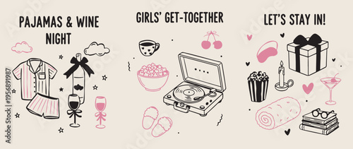 Girls get-together, record player music, home party doodles, feminine lifestyle sketches, retro music celebration, morning coffee routine, social gathering icons.
