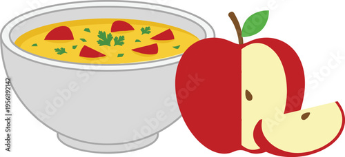 Fresh red apple with slices and vegetable soup bowl illustration, healthy organic food concept, nutritious meal design, clean eating isolated on background