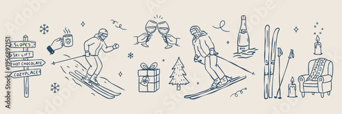 Party illustrations, celebration symbols, gift box and balloon sketches, Christmas tree and snowflake art, holiday decoration elements, party accessories, event icons.
