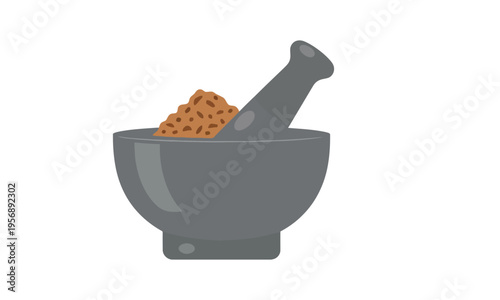 Traditional mortar and pestle with ground ingredients, a versatile tool symbolizing the process of crushing and blending for culinary and medicinal preparations. Clean vector illustration