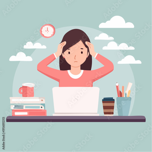 Stressed Office Worker Holding Head at Desk with Laptop – Burnout and Work Pressure Concept