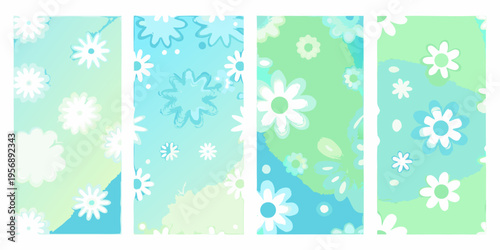 A series of vertical panels displaying abstract floral patterns in pastel hues