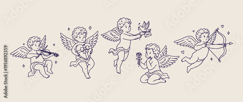 Angel and cupid illustrations, heavenly creatures, divine messengers, mythological figures, vintage cupid artwork, decorative cherub drawings, classical art style.
