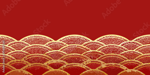 Elegant red background with a repeating golden wave pattern design
