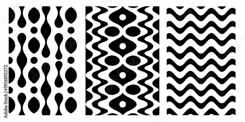 Three vertical panels displaying contrasting black and white geometric patterns