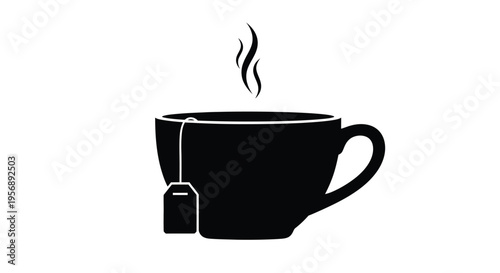 A simple black silhouette of a cup of tea with a teabag