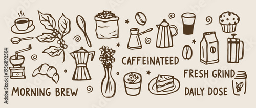  Caffeinated coffee ritual, morning barista tools, coffee shop doodles, caffeine lover sketches, moka pot illustration, coffee bean pattern, morning routine icons.
