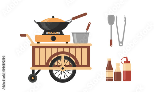 Vector illustration of a food cart with a wok, cooking utensils, and sauces, perfect for food service or restaurant branding