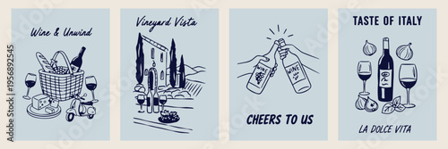Vineyard vista landscape, cheers to life, wine tasting celebration, countryside vineyard sketch, romantic wine moments, vineyard travel icons, mediterranean wine illustration.
