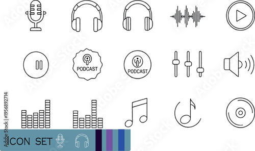 Print Professional Podcast and Audio Production Line Icon Set