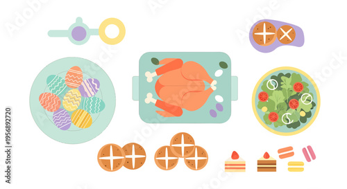 Flat Vector Illustration of Easter Feast Food with Roasted Turkey, Decorated Eggs, and Hot Cross Buns
