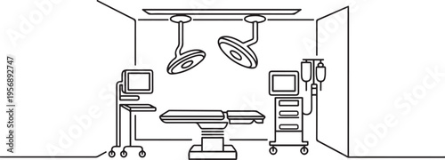 Operating room graphic black white interior. one line art icon drawing vector