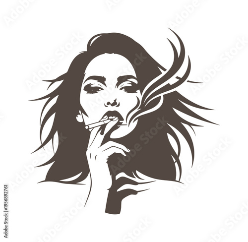 Woman smoking a cigarette with long hair blowing in the wind illustration