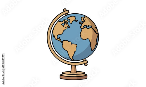 Hand-drawn style illustration of a terrestrial globe on a stand, showcasing the Earth's continents and oceans, symbolizing geography, education, and global connectivity