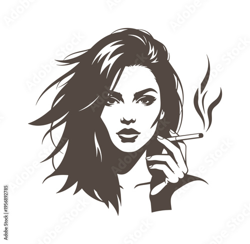 Woman smoking a cigarette with stylish hair looking directly ahead isolated on transparent background