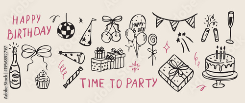 Time to party, birthday celebration icons, festive event doodles, party decoration sketches, happy day celebration, holiday party illustration, event planning icons.
