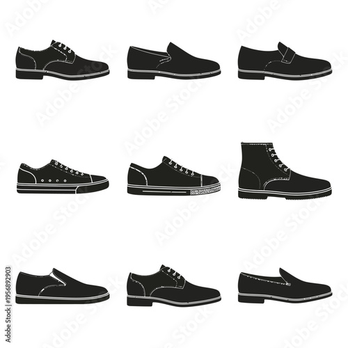 A collection of various men footwear styles including oxford loafers and casual sneaker designs isolated on white background, Vector, illustration