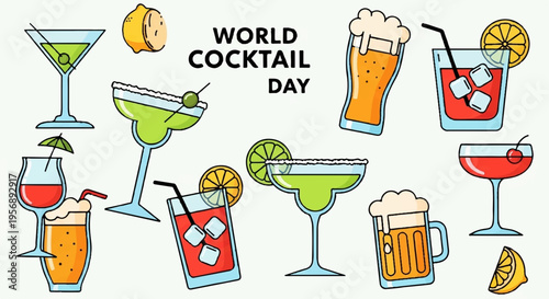 Colorful cocktails and beers on glasses for world cocktail day celebration with citrus garnishes