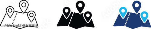 Multi-location map icon showing regional navigation and branch network pins. Professional illustration for logistics chain management, franchise location mapping, and geographic service areas.