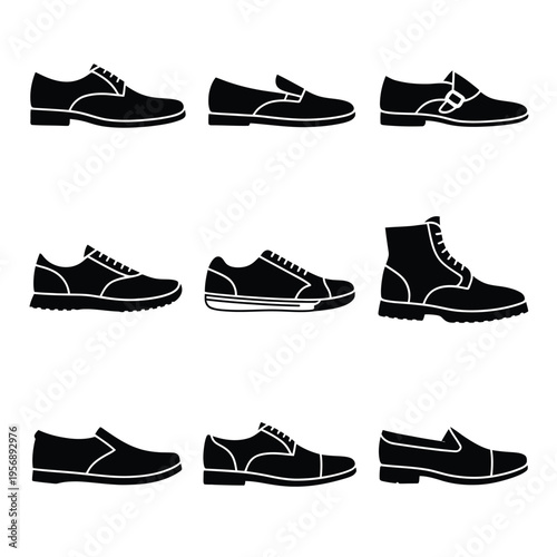 A collection of various men footwear silhouettes depicting different styles of classic shoes isolated on white background, Vector, illustration