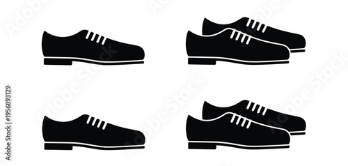A collection of black silhouette icons representing classic formal oxford style leather dress shoes isolated on white background, Vector, illustration