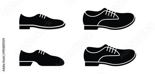 A collection of four distinct black silhouette icons representing classic formal leather dress shoes isolated on white background, Vector, illustration