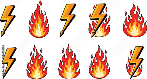 Fire Flame and Lightning Bolt Icon Set with Electric Energy Symbols Burning Effects and Dynamic Power Elements for Creative Design Illustration