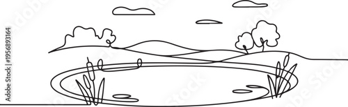 Pond graphic black white landscape. one line art icon drawing vector