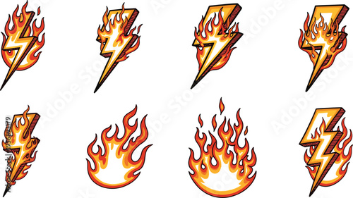 Flaming Lightning Bolt Icon Set with Fire Energy Effects Electric Power Symbols and Burning Flame Elements for Dynamic Design and Action Illustration