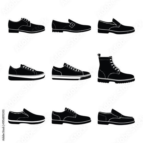 A comprehensive set of various styles of men footwear including boots and casual leather shoes isolated on white background, Vector, illustration