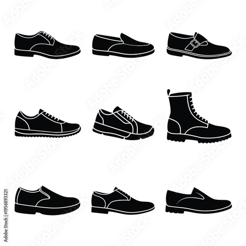 Collection of various men's footwear styles including oxford loafers boots and athletic sneakers isolated on white background, Vector, illustration