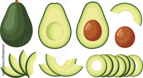 Fresh Avocado Halves, Sliced Rings, and Avocado Pit Collection for Healthy Eating and Organic Food Illustrations