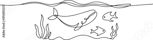 Underwater graphic sea black white long. one line art icon drawing vector