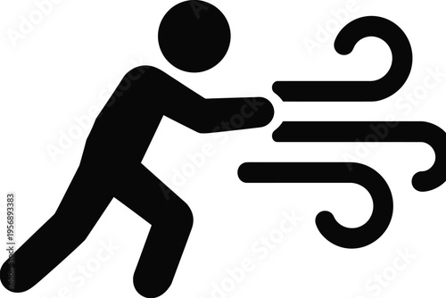 A black silhouette icon representing a person struggling against strong wind gusts in the weather isolated on white background, Vector, illustration