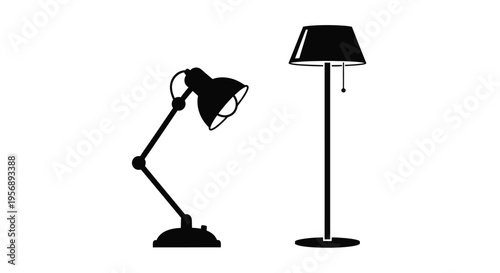 Two black silhouette lamps a desk lamp and a floor lamp isolated on white