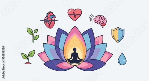 Meditating person in lotus flower with wellness symbols around representing inner peace and harmony