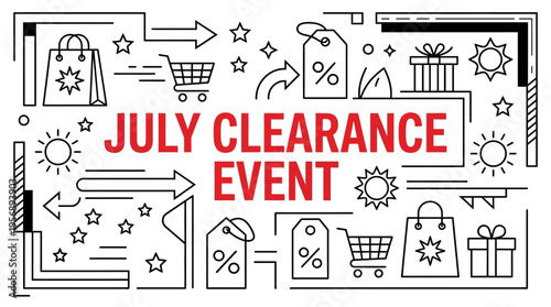 July Clearance Event Banner with Shopping Icons