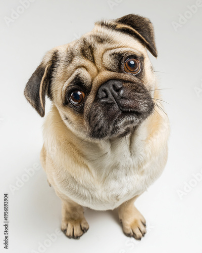 Curious Pug Sitting on White Background Looking at Camera