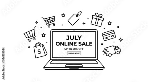 Online July Sale Discount on Laptop Screen with E-Commerce Elements
