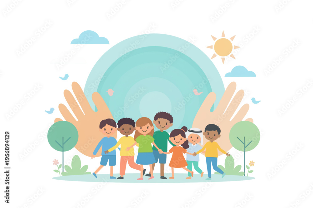 Fototapeta premium Illustration of Diverse Children Standing Together Under a Caring Rainbow Arch Held by Gentle Hands, Symbolizing Unity and Protection